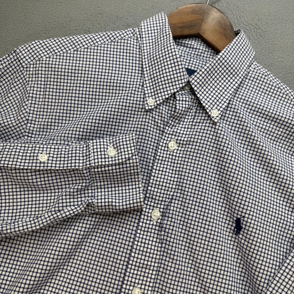 Ralph Lauren Gingham Button Down Shirt Boys 15.5 Blue/White Preppy Classic Fit